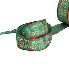 Christmas Ribbons - Ribbon Grosgrain Flourish Pattern Green Gold (38mmx10m)