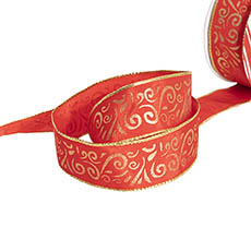 Christmas Ribbons - Ribbon Grosgrain Flourish Pattern Red Gold (38mmx10m)