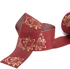 Christmas Ribbons - Ribbon Linen Cut Edge Poinsettia Deep Red Gold (63mmx10m)