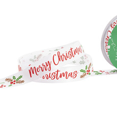 Christmas Ribbons - Ribbon Satin Merry Christmas & Holly Print White (25mmx 20m)