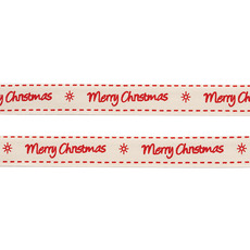 Ribbon Cotton Linen Merry Christmas Cream Red (15mmx20m)