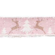 Ribbon Linen Deer & Tree Snow Wire Edge Pink (60mmx10m)