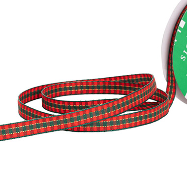Christmas Ribbons - Ribbon Tartan Plaid Gingham Woven Edge Green Red (10mmx20m)