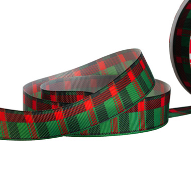 Christmas Ribbons - Grosgrain Ribbon Tartan Plaid Print Green (25mmx20m)