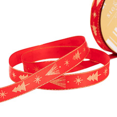 Christmas Ribbons - Satin Ribbon Christmas Trees Red Gold Foil (15mmx20m)