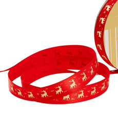 Christmas Ribbons - Satin Ribbon Reindeer Red Gold (15mmx20m)