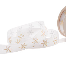 Christmas Ribbons - Satin Ribbon Snowflakes White Gold (25mmx20m)