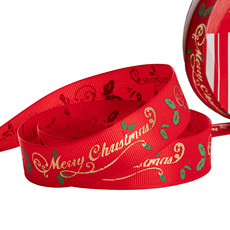 Christmas Ribbons - Grosgrain Ribbon Merry Christmas Red Gold (25mmx20m)