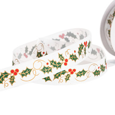 Christmas Ribbons - Grosgrain Ribbon Holly Leaves White Green (25mmx20m)
