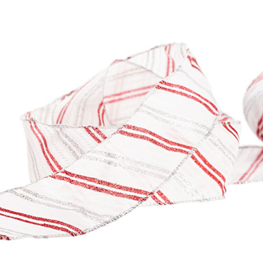 Christmas Ribbons - Organza Ribbon Glitter Stripe Wire Edge Red White (60mmx10m)