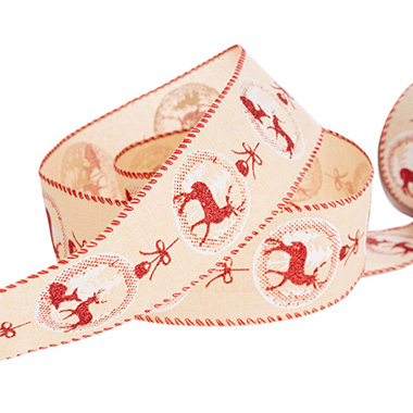 Christmas Ribbons - Linen Ribbon Reindeer Baubles Wired Natural Red (60mmx10m)