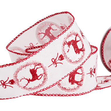 Christmas Ribbons - Linen Ribbon Reindeer Baubles Wired White Red (60mmx10m)