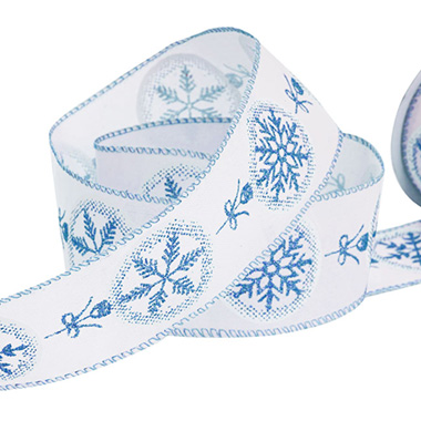 Christmas Ribbons - Linen Ribbon Star Baubles Wire Edge White Blue (60mmx10m)