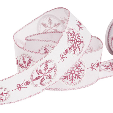 Christmas Ribbons - Linen Ribbon Star Baubles Wire Edge White Pink (60mmx10m)