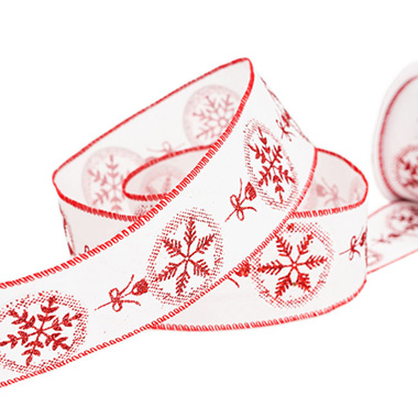 Christmas Ribbons - Linen Ribbon Star Baubles Wire Edge White Red (60mmx10m)