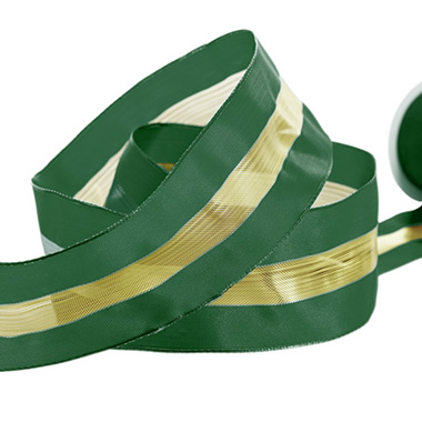 Christmas Ribbons - Woven Ribbon Bold Stripe Wire Edge Green and Gold (60mmx10m)
