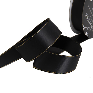 Satin Ribbons - Satin Double Face Metallic Edge Black Gold (25mmx20m)
