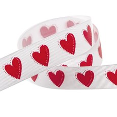 Love Heart Grosgrain Ribbon White/Red (25mmx20m)