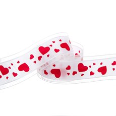 Valentines Day Ribbons - Scatter Heart Satin Ribbon Organza Edge White (40mmx20m)