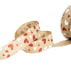 Ribbon Linen Woven Edge Hearts Red and White  (40mmx20m)