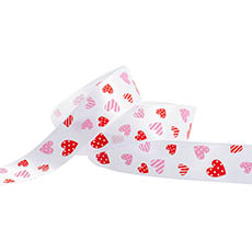 Valentines Day Ribbons - Ribbon Satin White Hearts Red & Pink (25mmx20m)