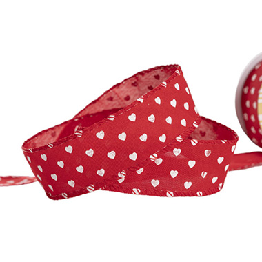 Valentines Day Ribbons - Ribbon Linen White Hearts Wire Edge Red (40mmx10m)