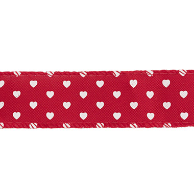 Ribbon Linen White Hearts Wire Edge Red (40mmx10m)