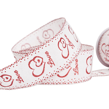 Valentines Day Ribbons - Ribbon Linen Red Glitter Hearts Wire Edge White (60mmx10m)