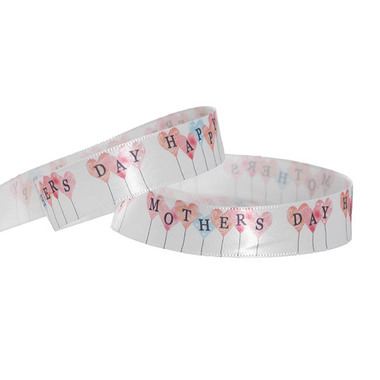 Mothers Day Ribbons - Ribbon Satin Happy Mothers Day Print White (25mmx18m)