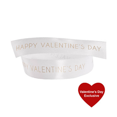 Valentines Day Ribbons - Ribbon Satin Happy Valentines Day Gold Foil White (25mmx25m)