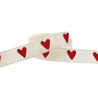 Valentines Day Ribbons - Vintage Cotton Ribbon Heart Beige Red (15mmx10m)