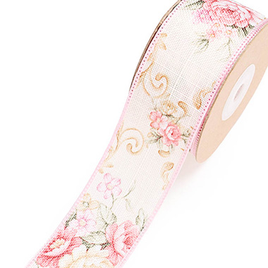 Cotton Ribbon Vintage Flowers Baby Pink (38mmx10m)