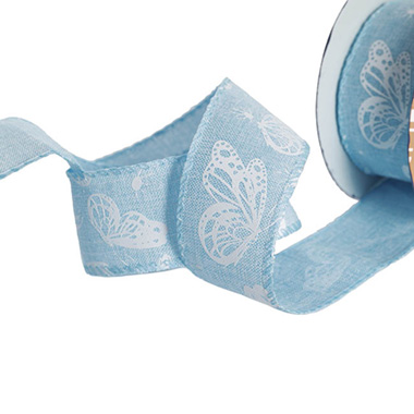 Linen Ribbons - Ribbon Linen Woven Edge Butterflies Baby Blue (40mmx10m)