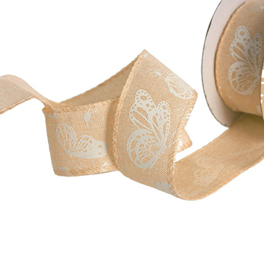 Linen Ribbons - Ribbon Linen Woven Edge Butterflies Cream (40mmx10m)