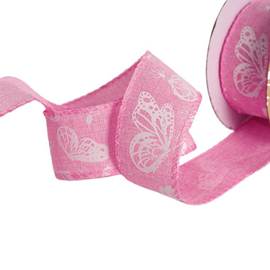 Linen Ribbons - Ribbon Linen Woven Edge Butterflies Bright Pink (40mmx10m)