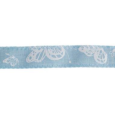Ribbon Linen Woven Edge Butterflies Baby Blue (25mmx20m)