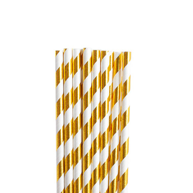 Paper Straws - Paper Straws Striped Gold Pack 25 (6mmDx20cmH)