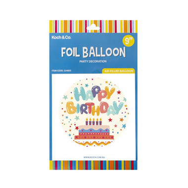 Foil Balloon 9 (22.5cmD) Pack 5 Round Happy Birthday Cake