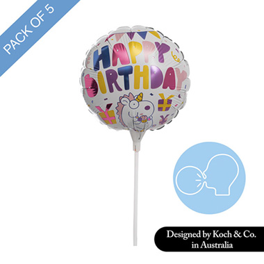 Foil Balloon 9 (22.5cmD) Pack 5 Round Happy Bday Unicorn