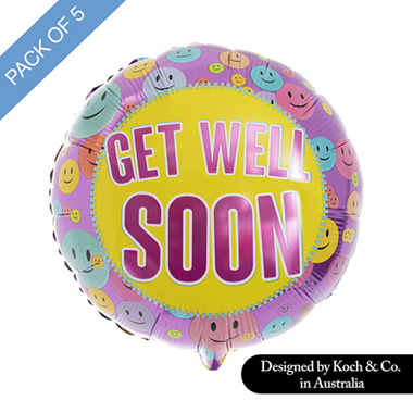 Foil Balloons - Foil Balloon 18 (45cmD) Pack 5 Get Well Soon Smiley Purple