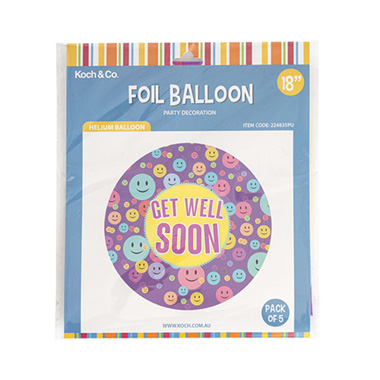 Foil Balloon 18 (45cmD) Pack 5 Get Well Soon Smiley Purple