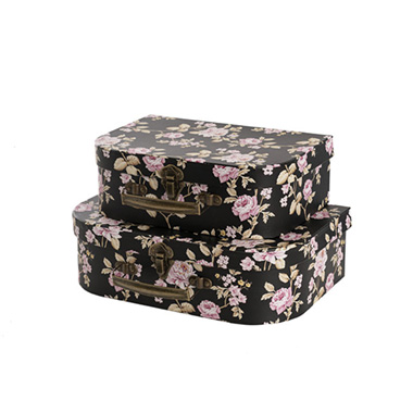 Suitcase Gift Boxes - Suitcase Gift Hamper Box Black Floral Set 2 (30x20x9cmH)