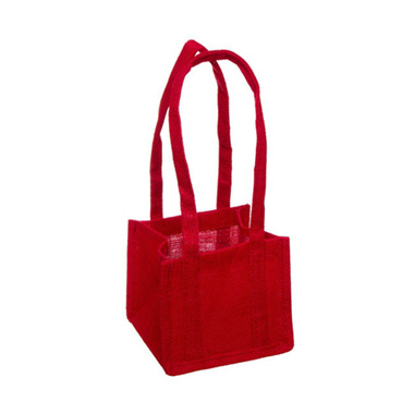 Jute Gift Bags - Natural Jute Posy Bag Plastic Liner Red 17.5x17.5x14cmH