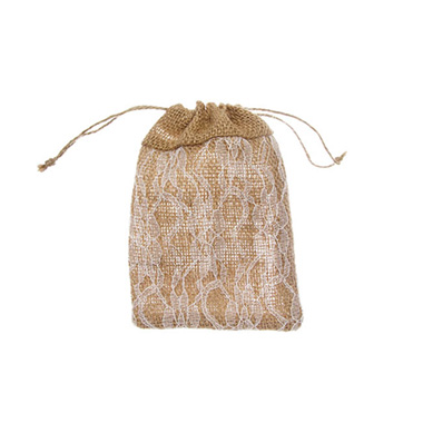 Jute Pouches - Hessian Drawstring Pouch Lace Med Natural (12x17cmH) Pack 10