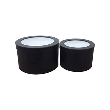 Hat Boxes - Gift Flower Box with Window Round Black Set 2 (25x15cmH)