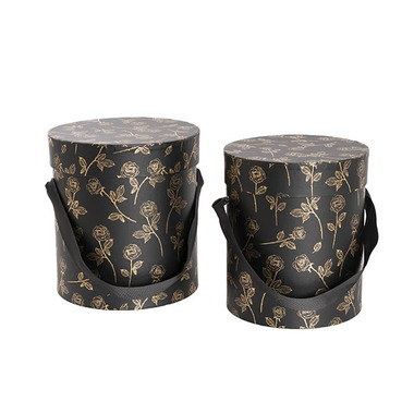 Hat Boxes - Hat Gift Box Deluxe Gold Foil Rose Black Set 2 (20Dx22cmH)