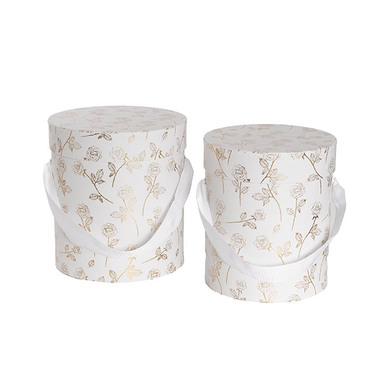 Hat Boxes - Hat Gift Box Deluxe Gold Foil Rose White Set 2 (20Dx22cmH)