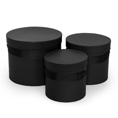 Hat Boxes - Flower Hat Box with Ribbon Round Set 3 Black (18.5cmx15cmH)