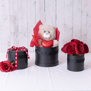 Flower Hat Box with Ribbon Round Set 3 Black (18.5cmx15cmH)