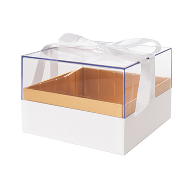 Acrylic & PVC Display Gift Box - Luxe Gift Box Acrylic Lid and Ribbon WhiteGold (20x20x13Hcm)